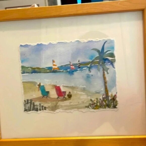 Watercolor beach scene by Sarah Malin framed painting signed - Picture 1 of 4
